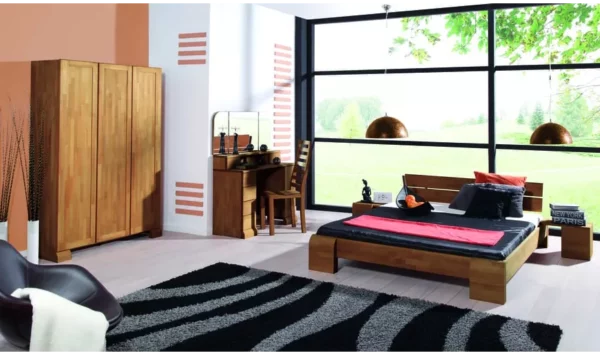 Chambre avec lit Kobe Haut chêne massif couleur café