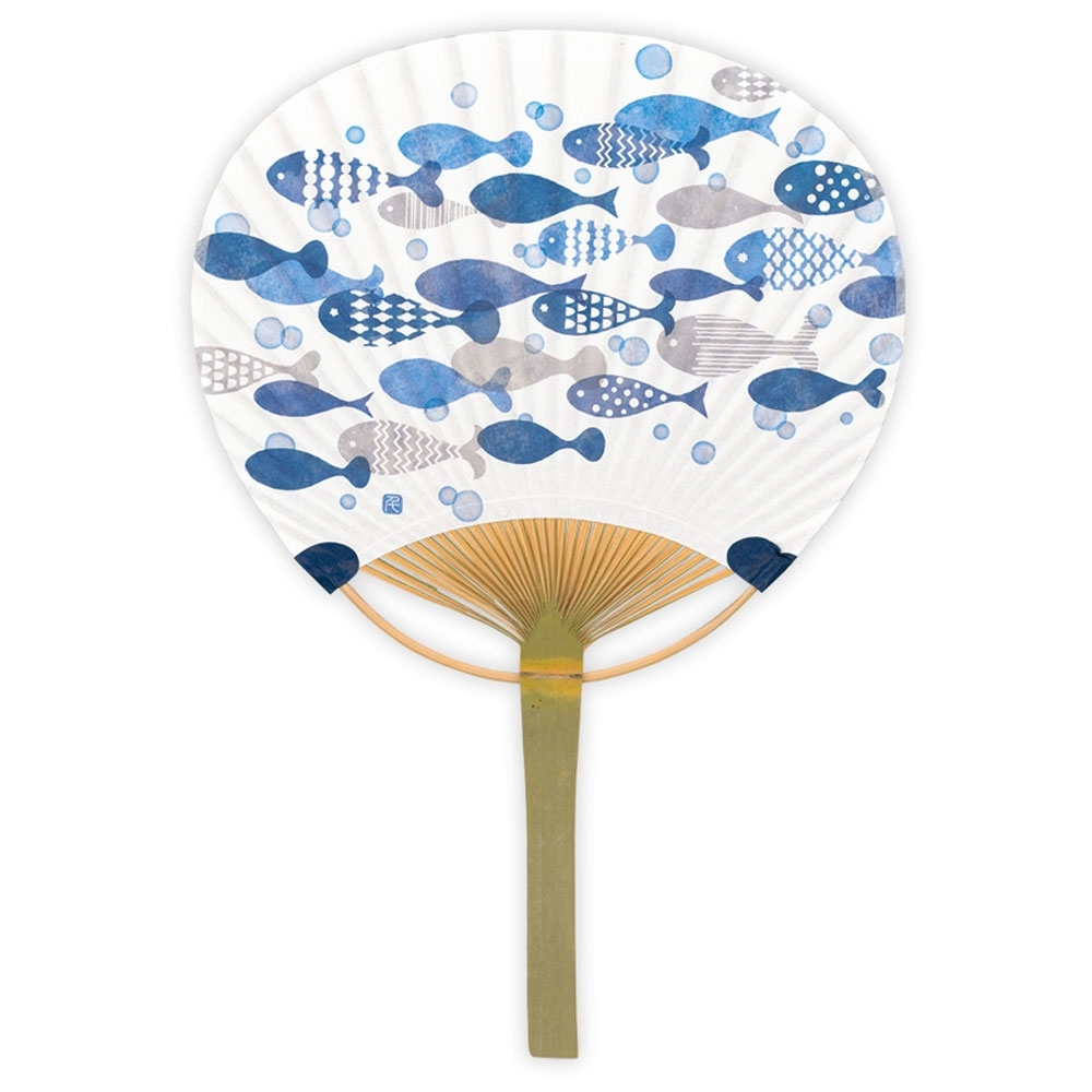 Eventail japonais Uchiwa blanc poissons