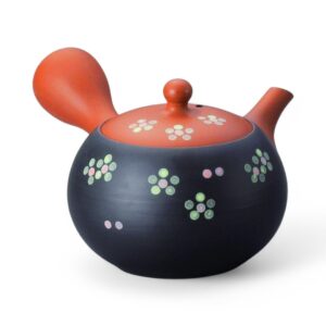 Théière Tokoname noire et rouge motifs fleurs