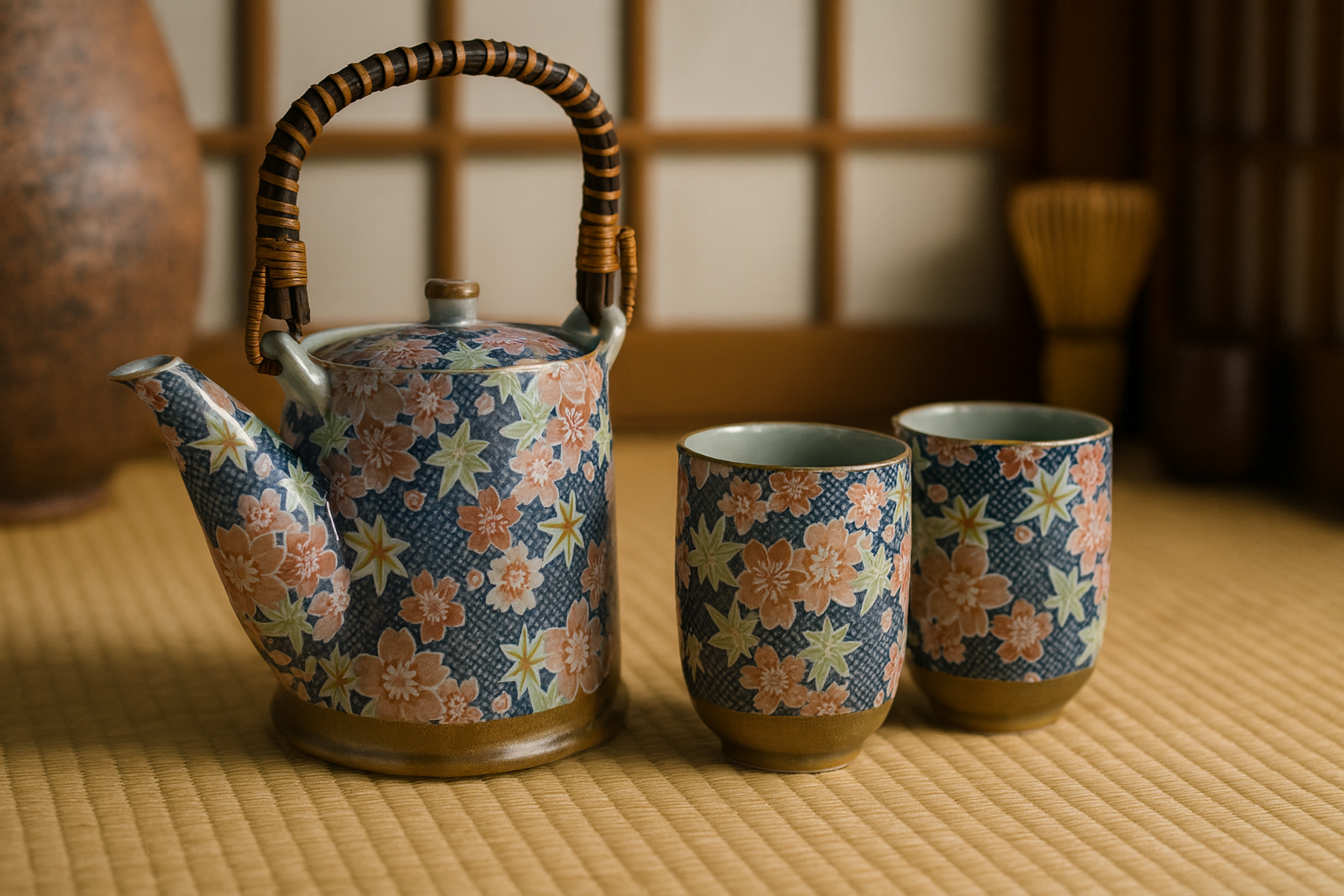 Service à thé Kanoko présenté sur des tatamis